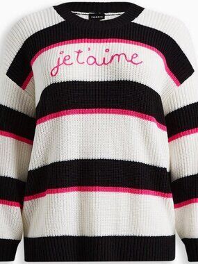 Torrid Sweater 1X Stripes Black Pink Cable Knit Pullover French Love "je t'aime